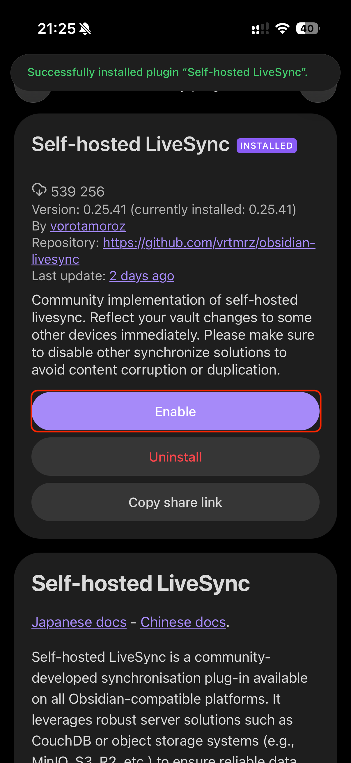 Enable the LiveSync plugin on mobile