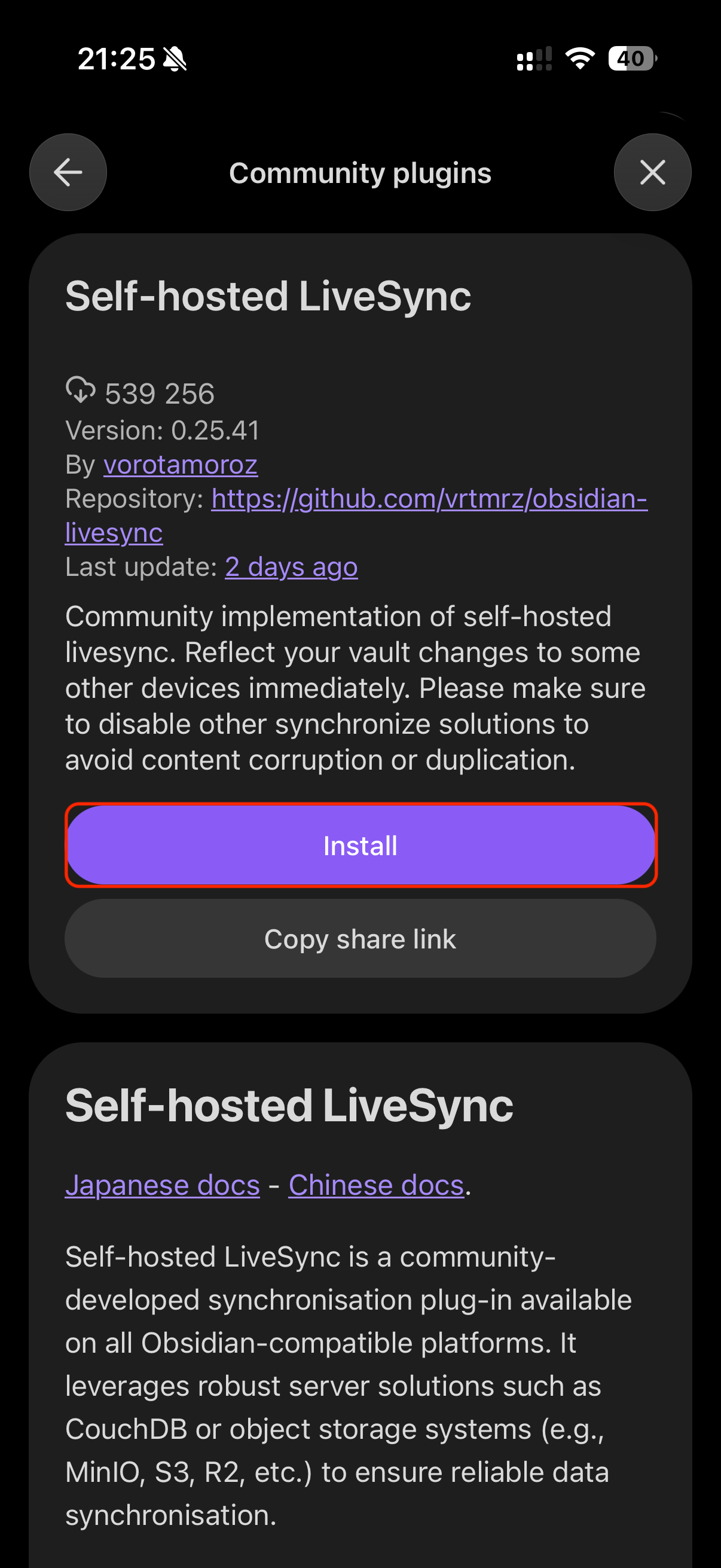 Install the LiveSync plugin on mobile