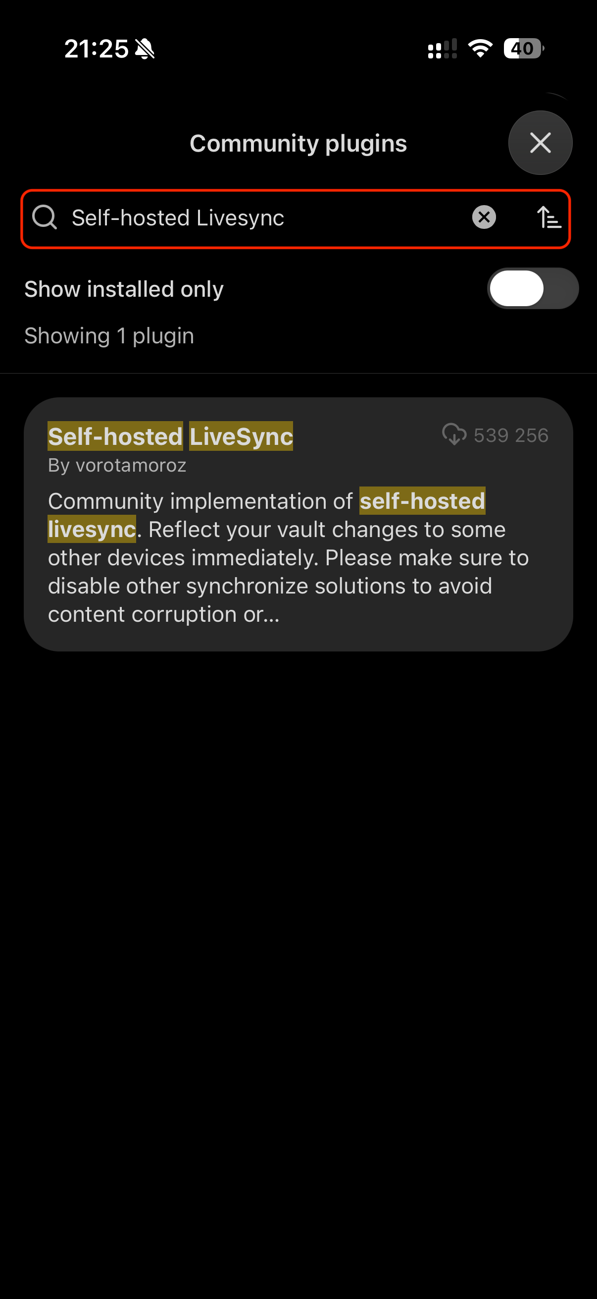 Search for LiveSync plugin on mobile