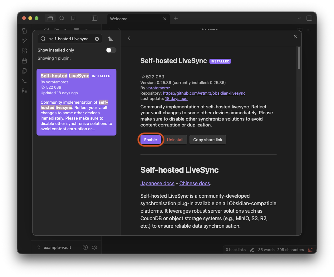 Enable the LiveSync plugin