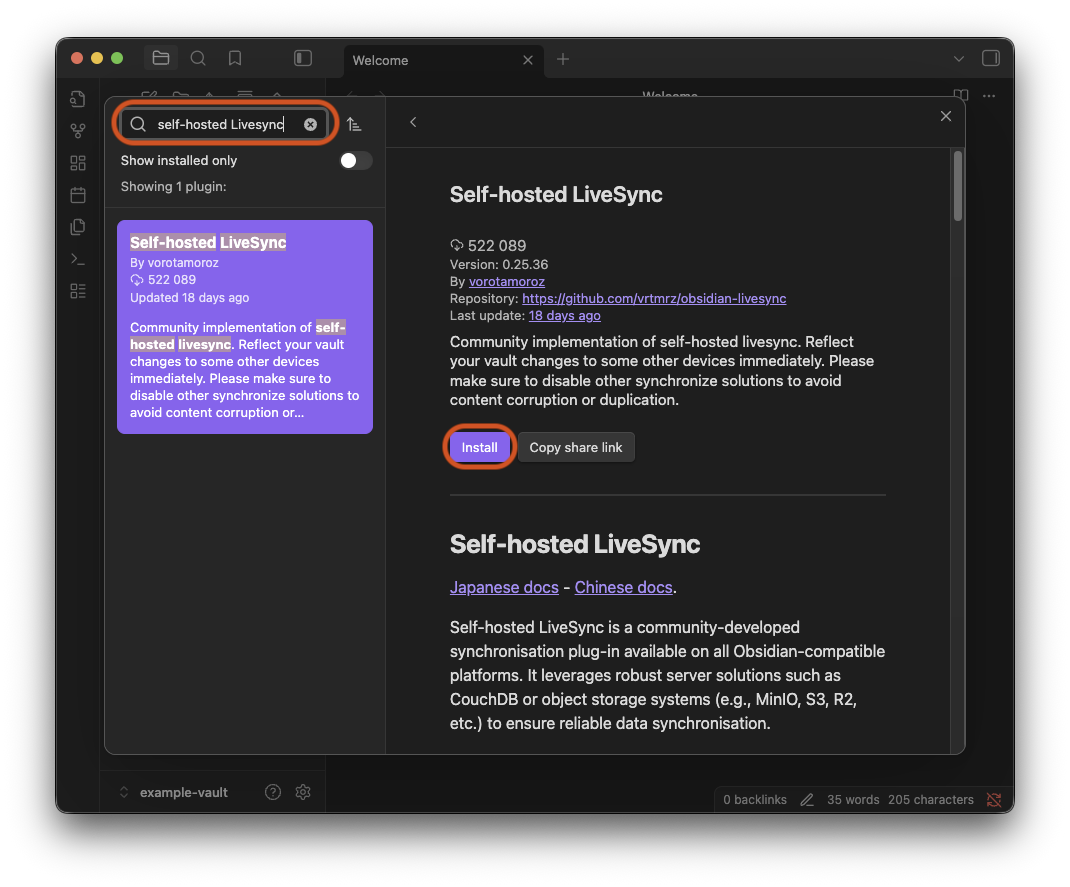 Search for Self-hosted LiveSync plugin